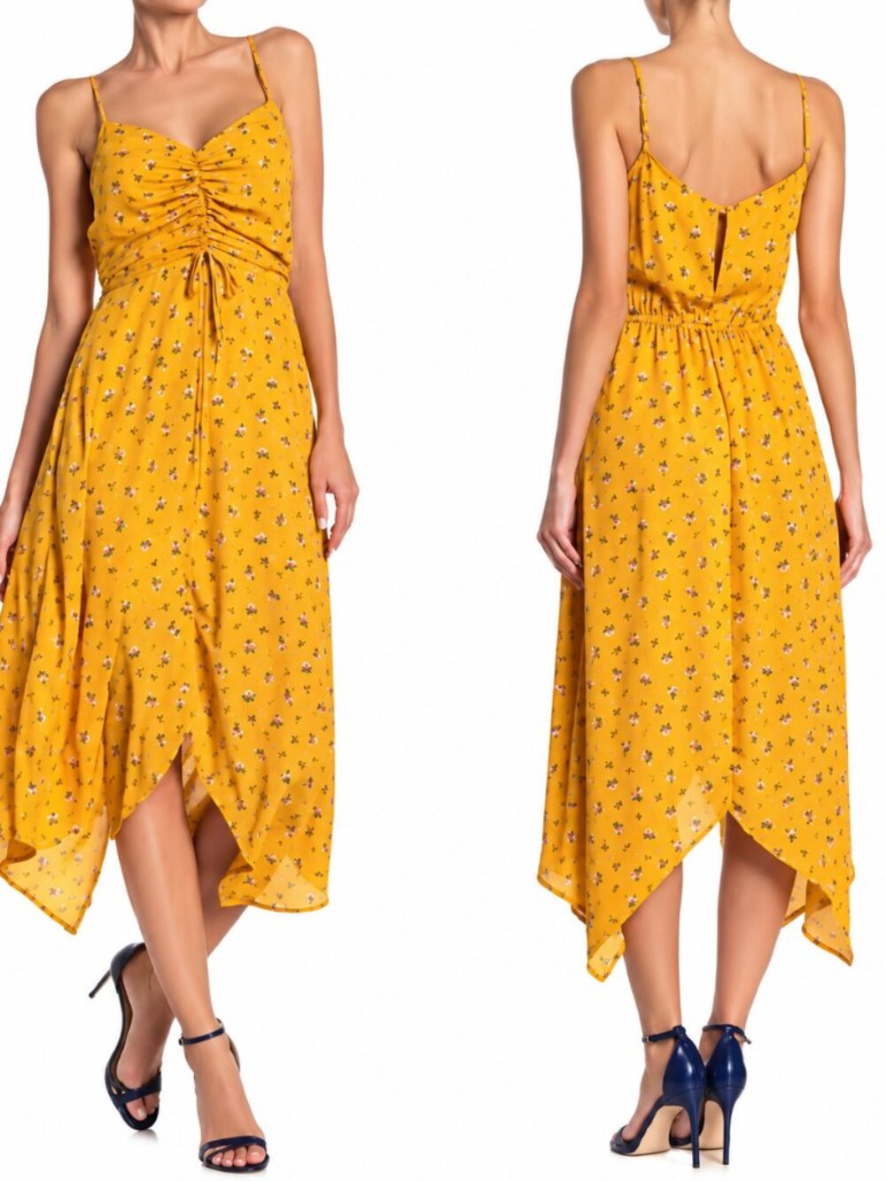ROW A Mustard Floral Midi Dress M Ruched Bust Asymmetrical Hem Boho